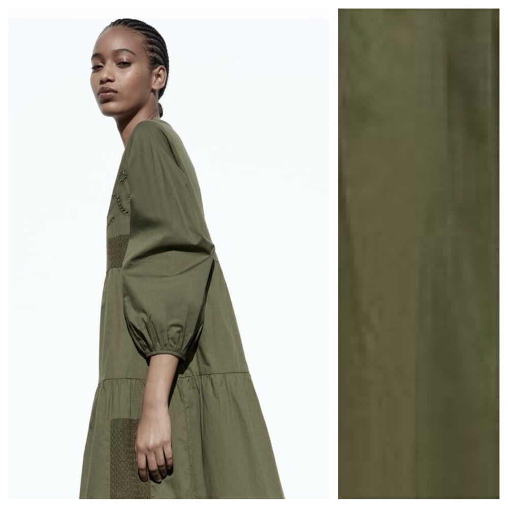 Zara Olive Patchwork V-Neck Tiered Midi Dress - Picture 3 of 16
